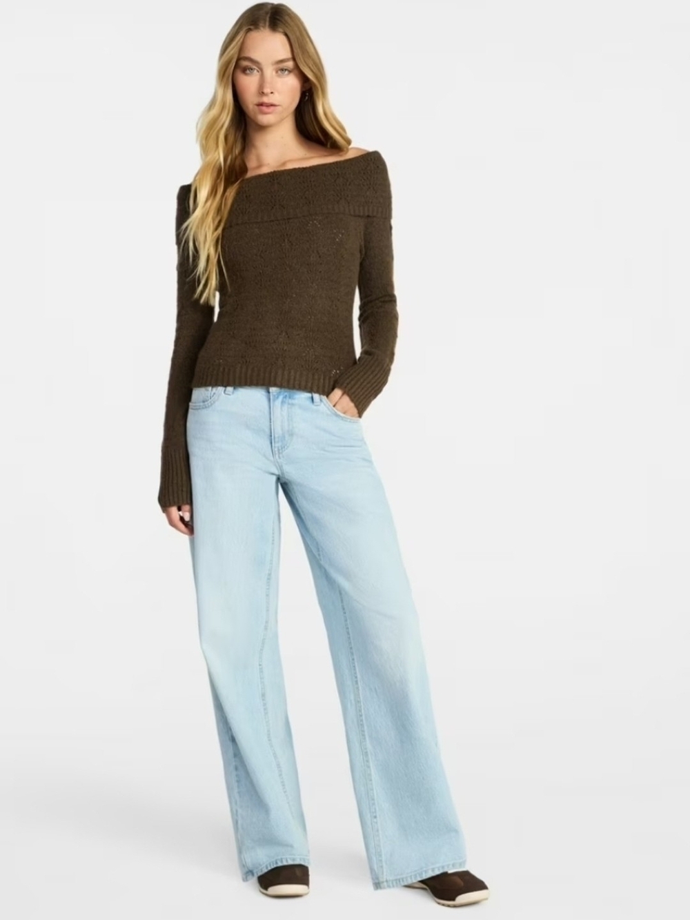 No Boundaries Pointelle Off-The-Shoulder Pullover Sweater, Lightweight XL-NWT